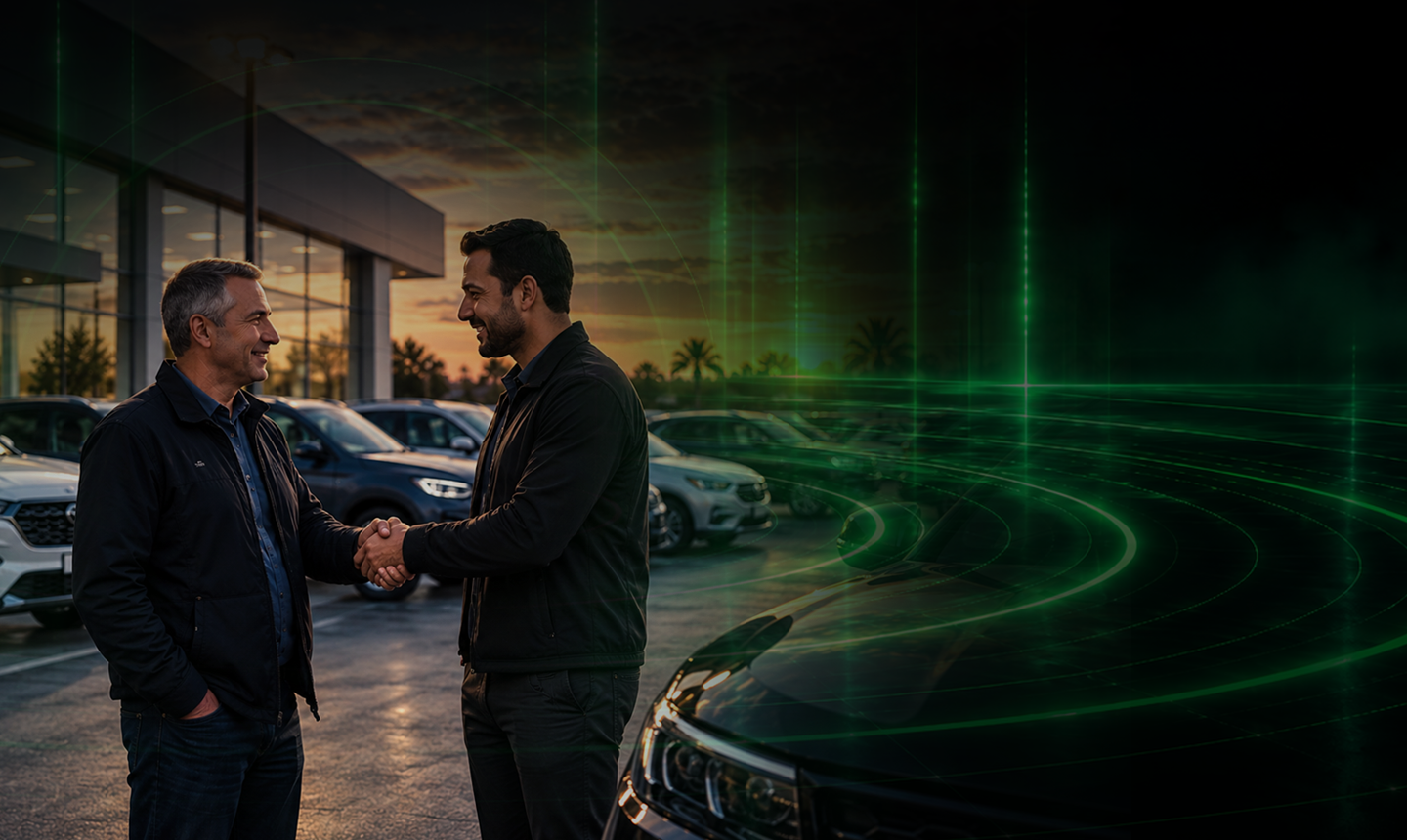 Two businessmen shaking hands in a car dealership lot at sunset
