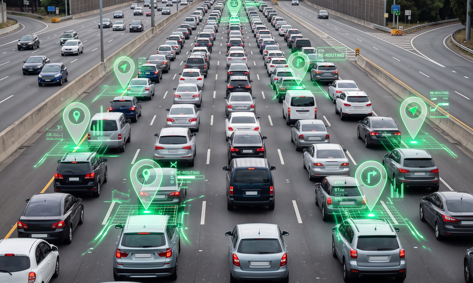 Highway traffic with green map pins showing tracked vehicle locations